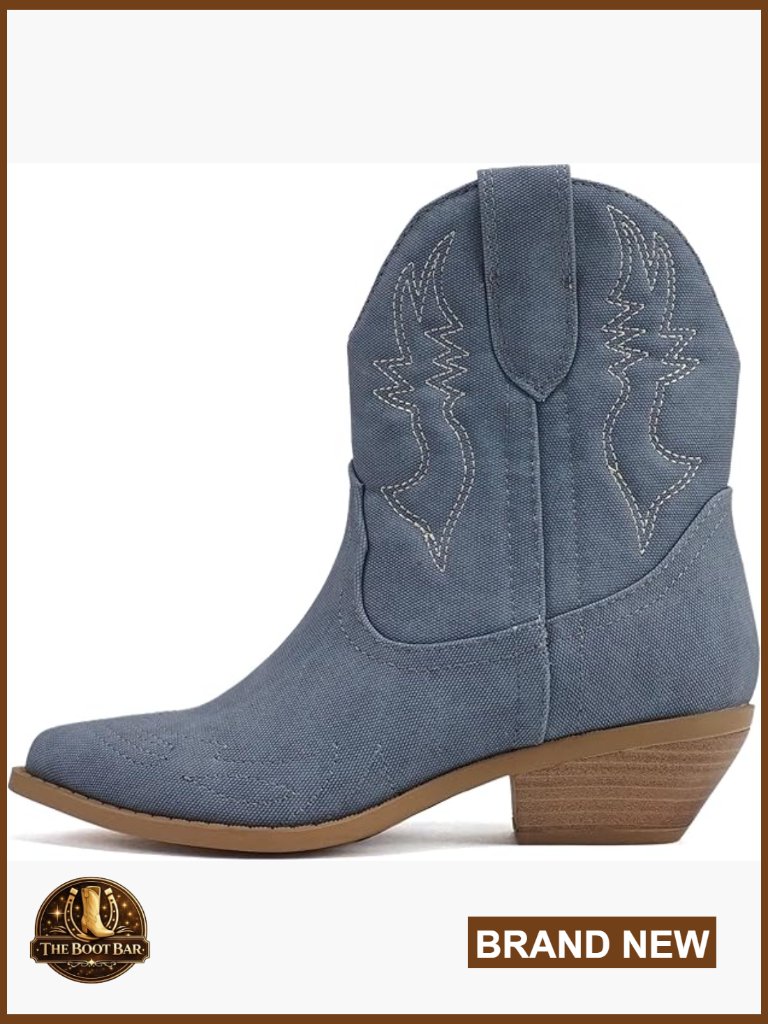 Cowgirl Pointed Toe Ankle Boots With Kitten Heel Pull-On Style